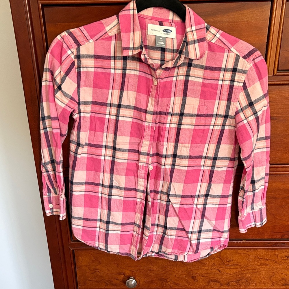 Old Navy Kids Pink and White Plaid Button Down Shirt